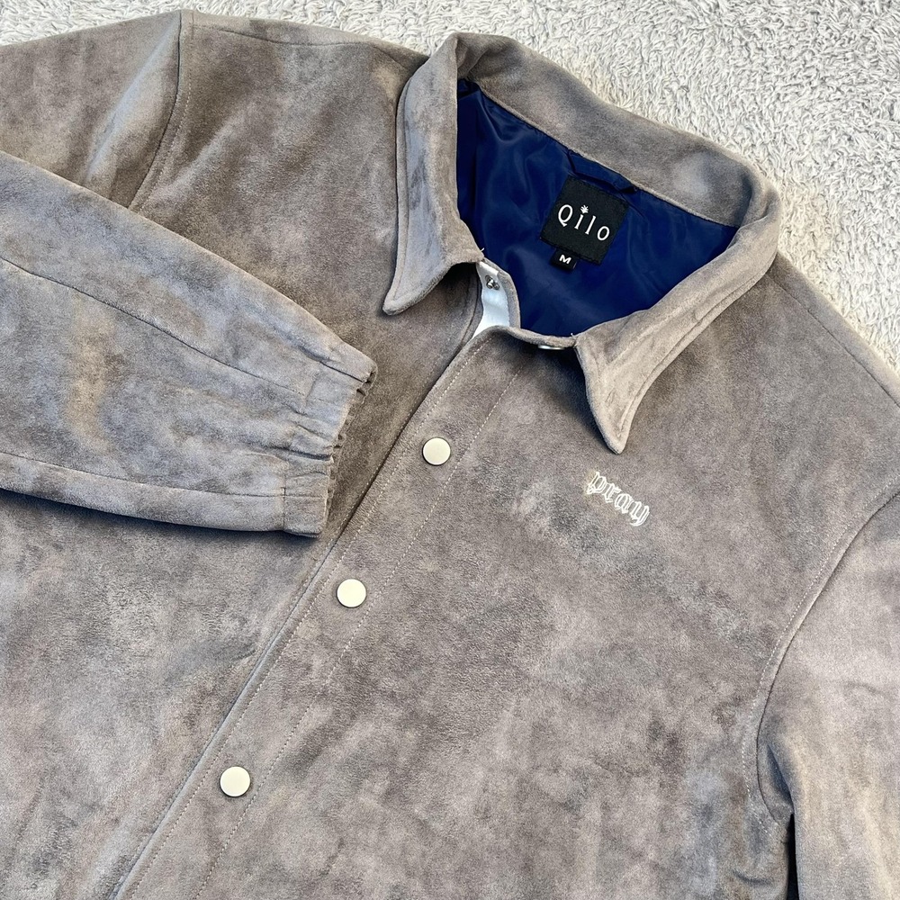 Qilo Jacket Mens M Gray Bomber Collared‎ Faux Suede Elevated Casual Streetwear